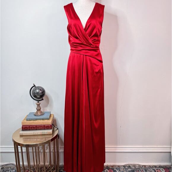 Talbot Runhof Draped Wrap Detail Sleeveless Crepe Satin Gown Red Size 8 Formal - Picture 1 of 16
